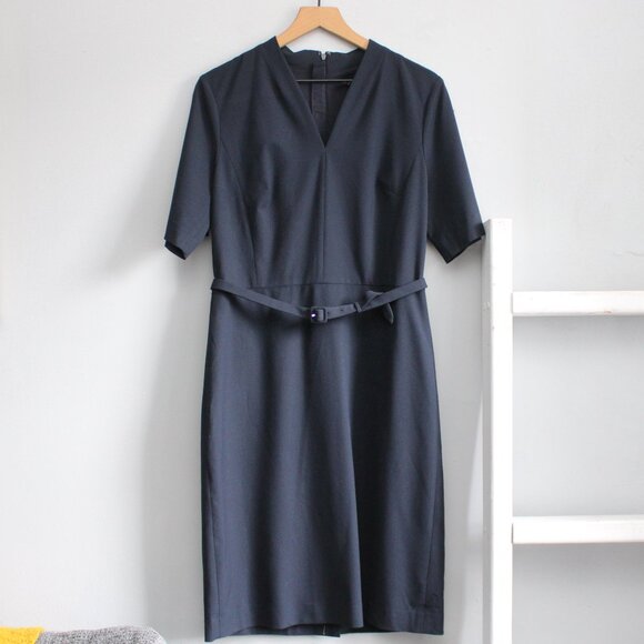 Ann Taylor Navy Blue Elbow Sleeve V-Neck Midi Tailored Dress Size 10 - Picture 1 of 4